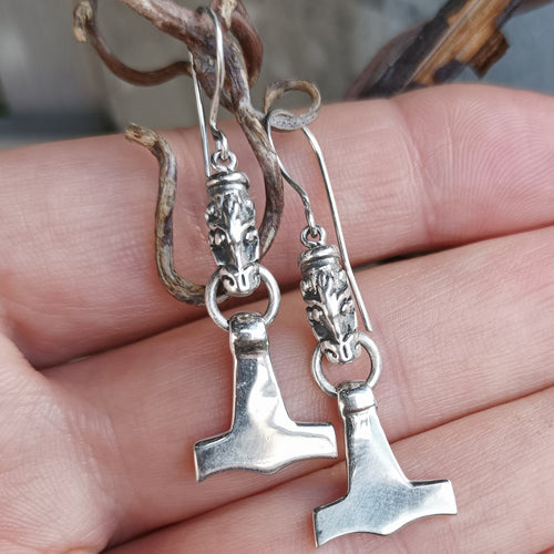 Silver Gotland Dragon Thors Hammer Earrings - Hanging in Hand