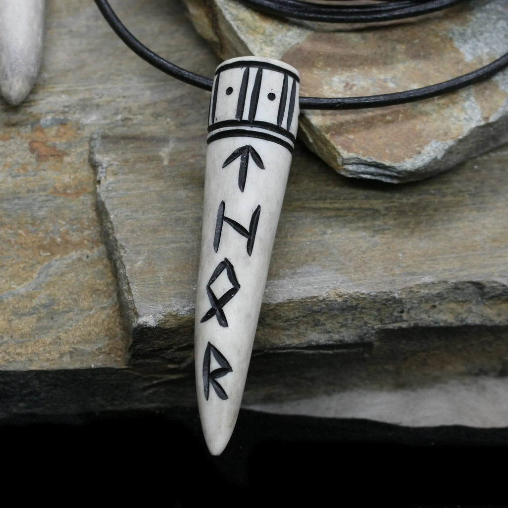 Antler Loki Runic Pendant on Natural Leather Thong - Viking Jewelry