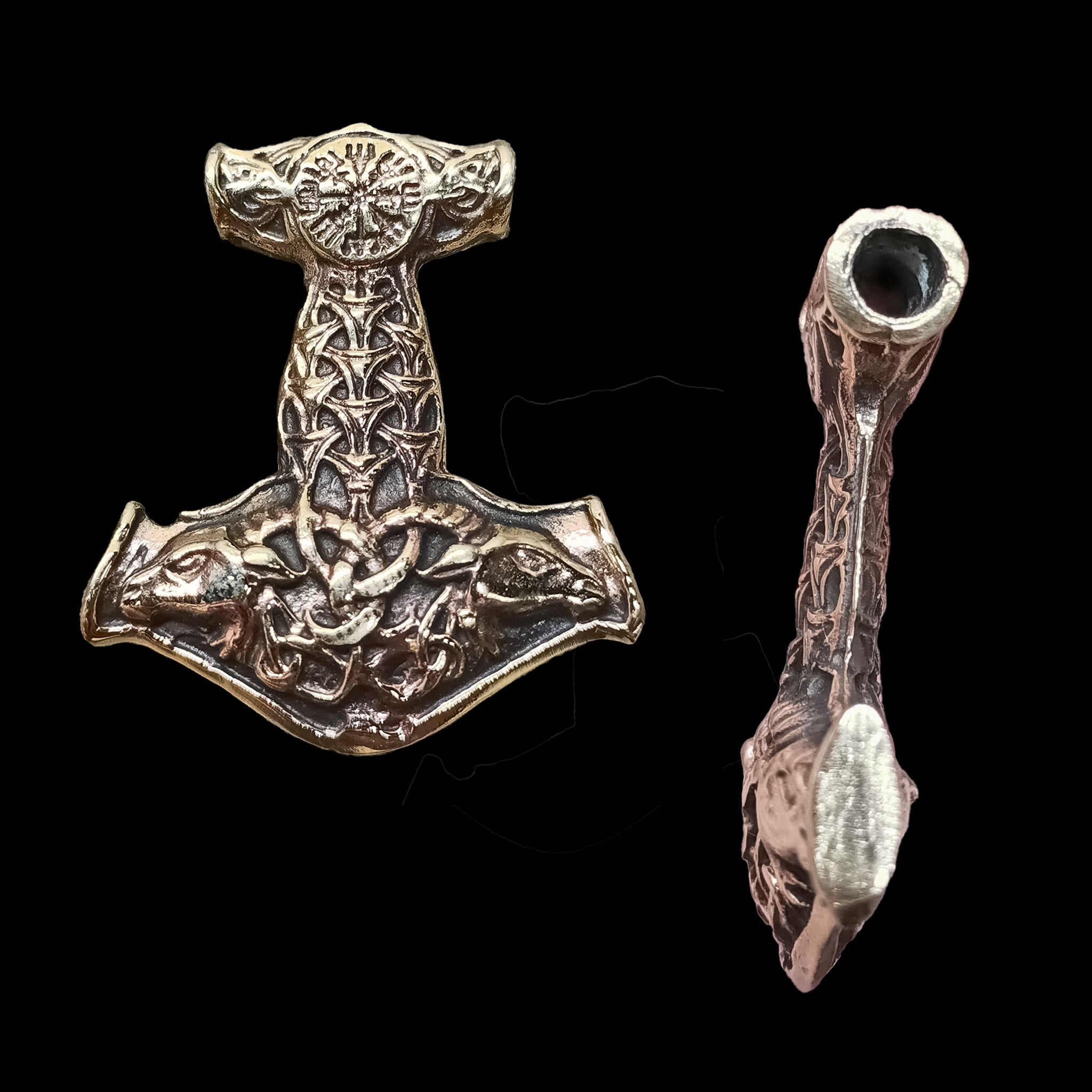 Bronze Goat Thors Hammer Pendant - Front and Side View