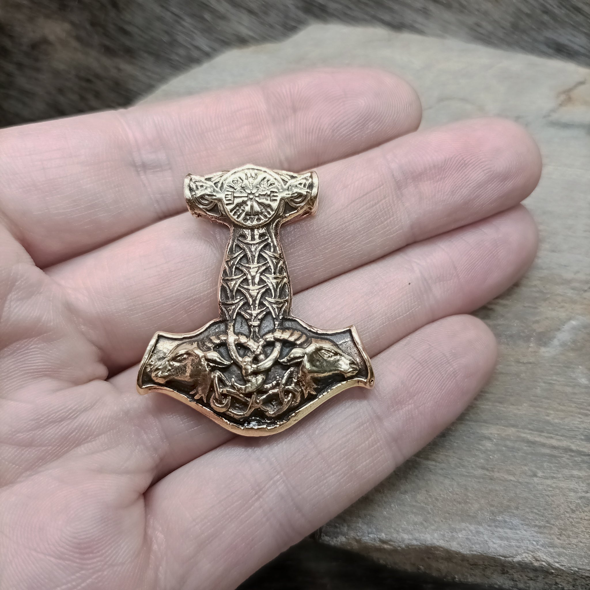 Bronze Goat Thors Hammer Pendant on Hand
