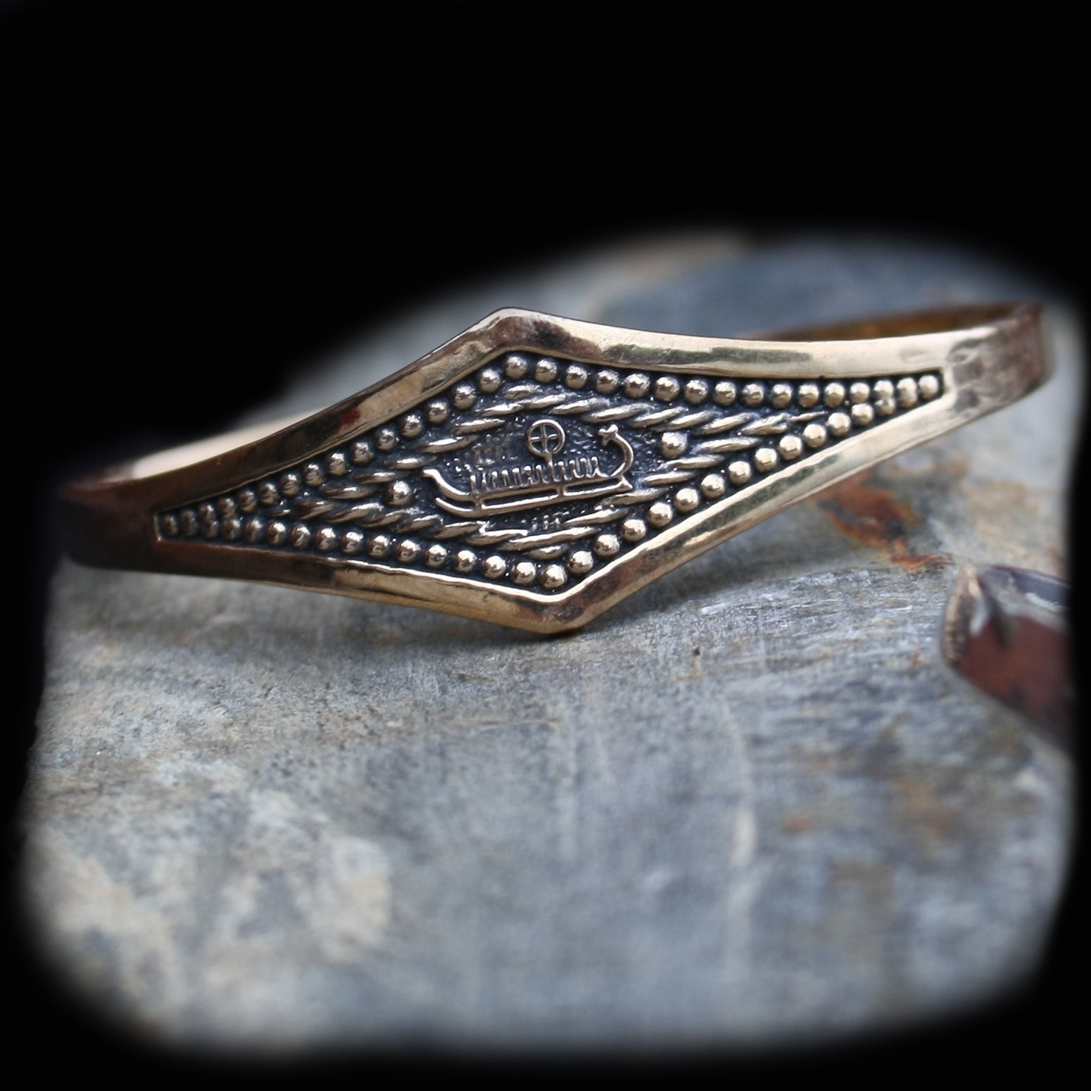 Viking Longship Bracelet in Solid Bronze on Rock  - Viking Jewelry
