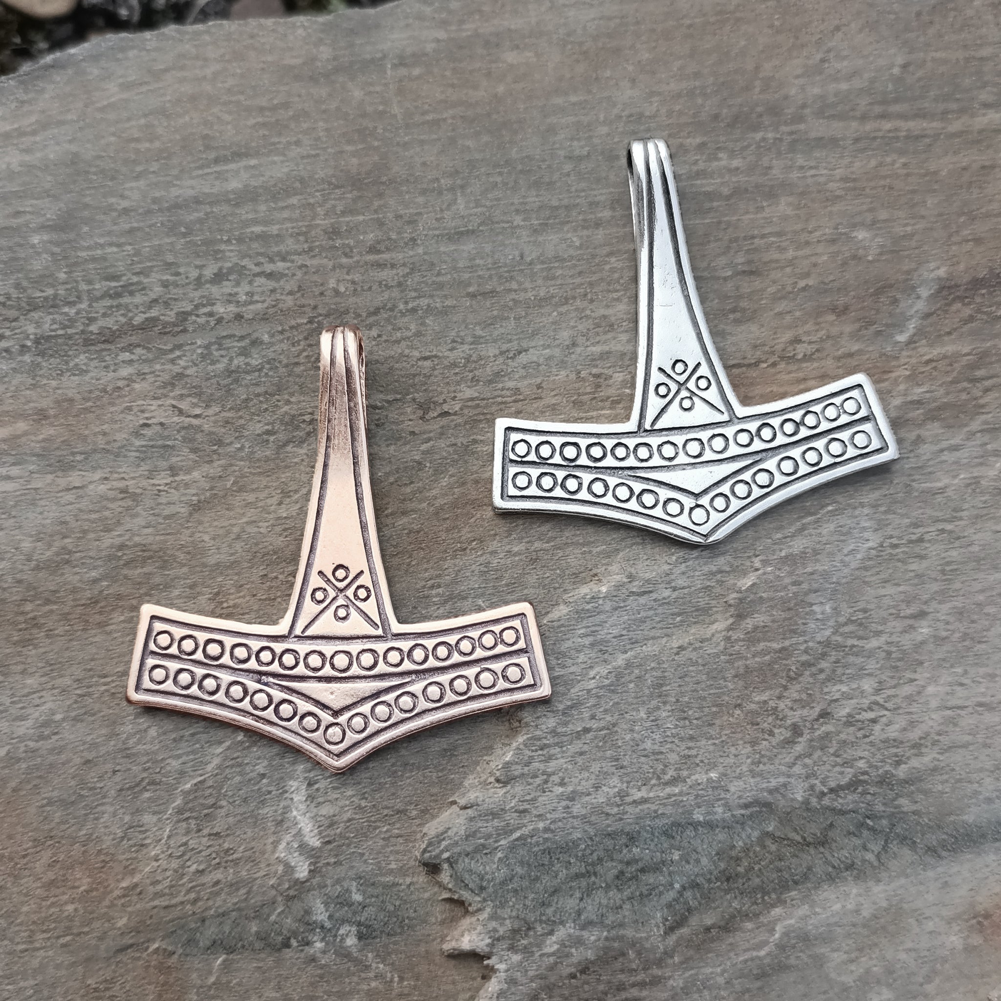 Large Rømersdal Replica Thors Hammer Pendants on Rock - Bronze and Silver
