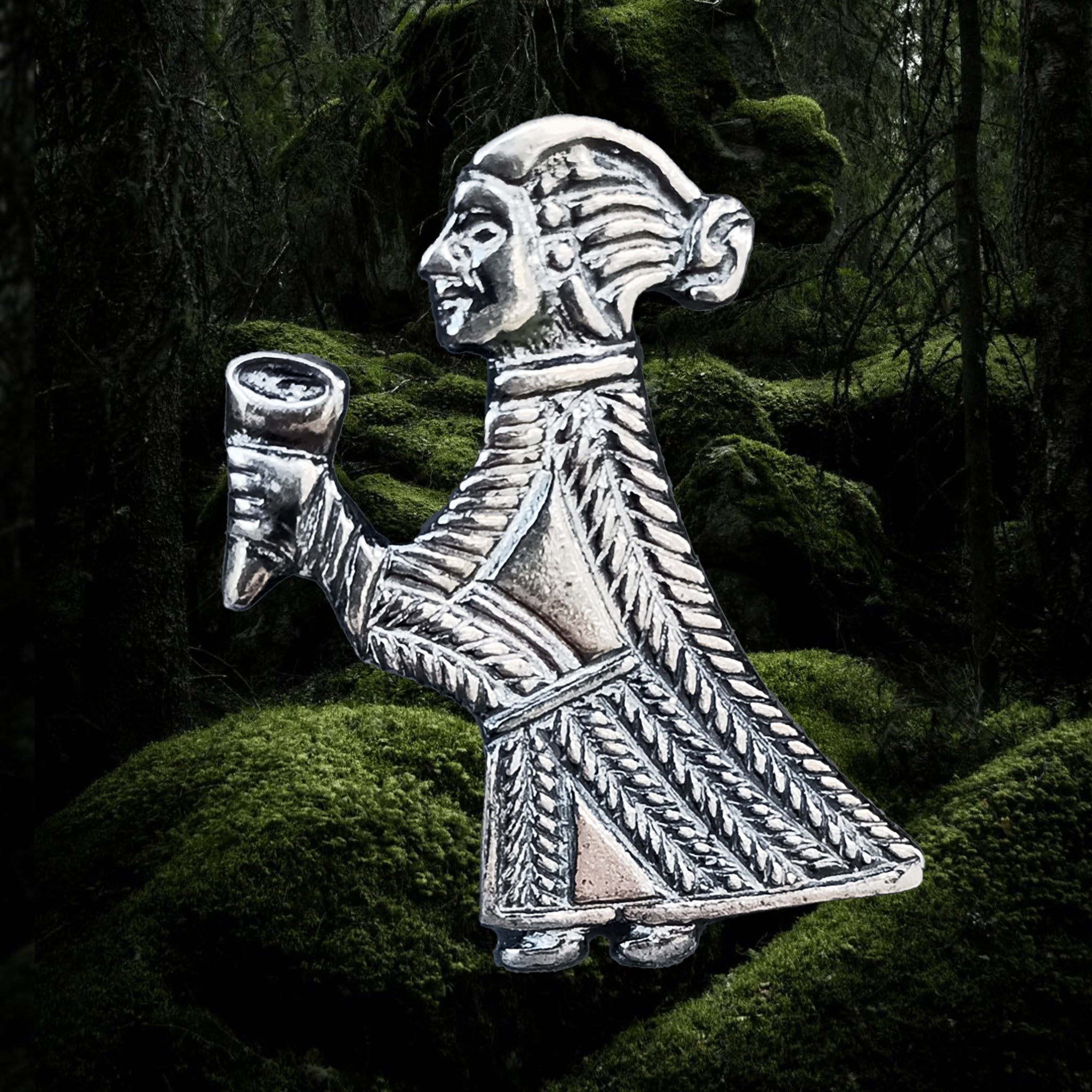 Silver Valkyrie Pendant Replica on Mossy Woods Background