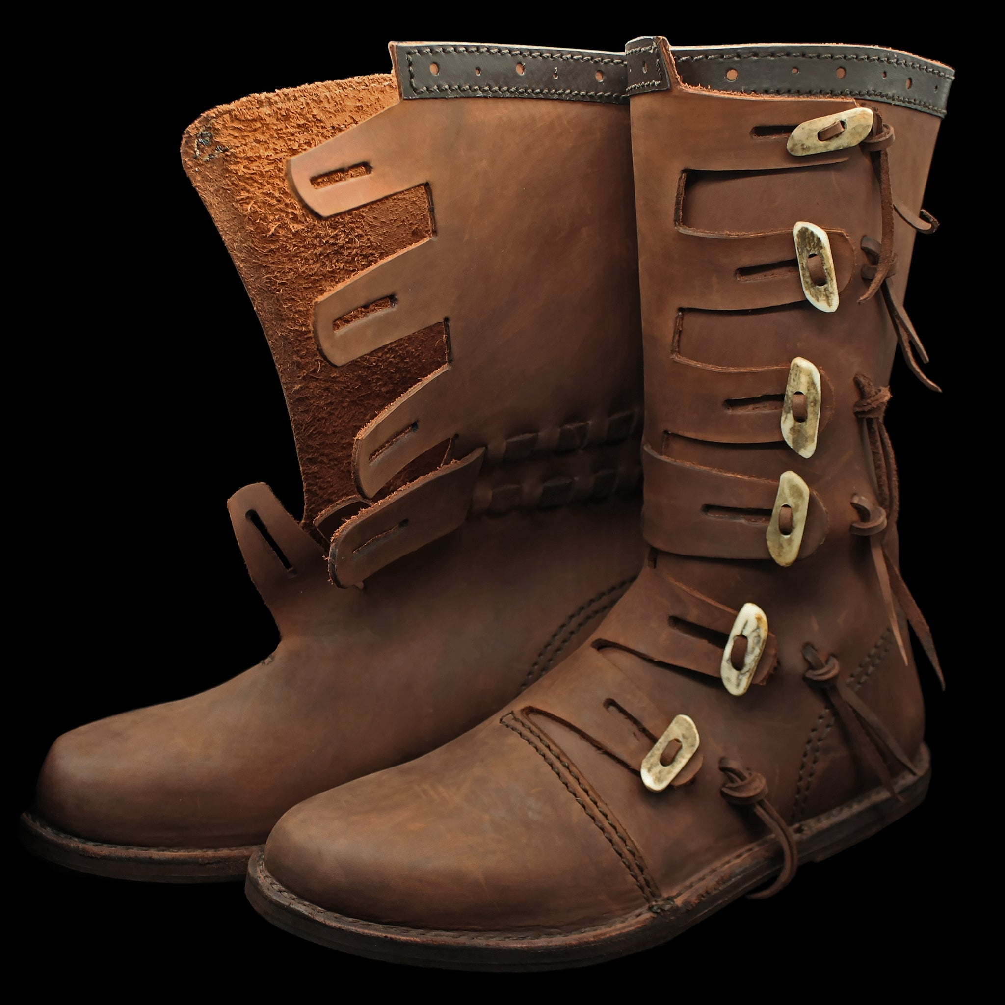 Handmade Leather Viking Jarl Boots Side & Open - Viking Clothing & Footwear